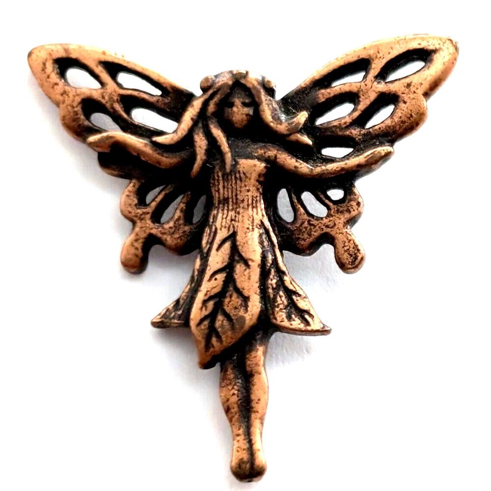 VTG JJ Fairy Butterly Wings Leaves Dress Copper Tone Lepel Pin Jonette Jewelry